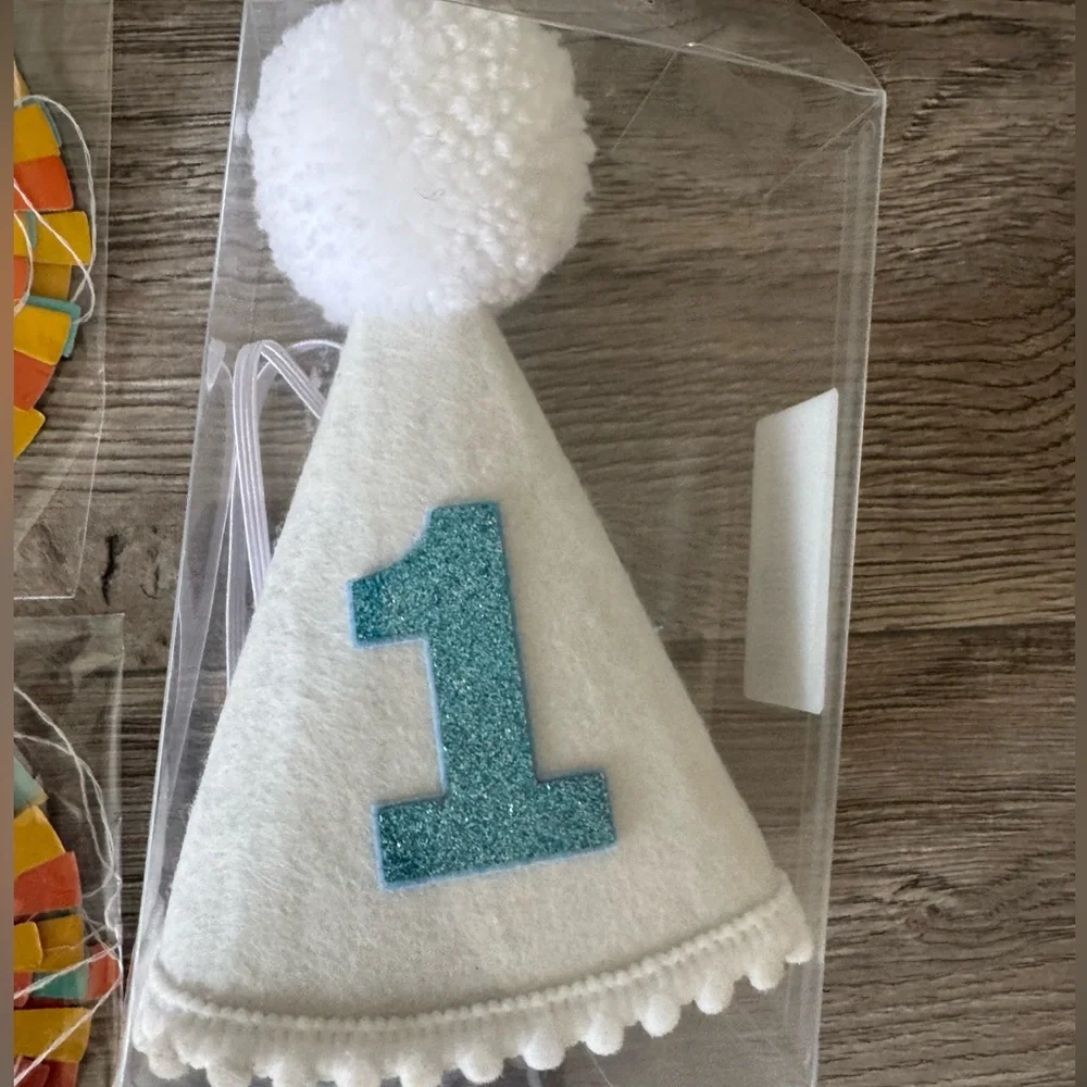 White and Blue Party Hat with Pom Pom